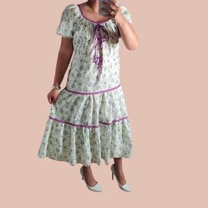 Just Me NWOT Women's Midi Floral & Lace Eyelet Dress White, Blue & Purple Sz S